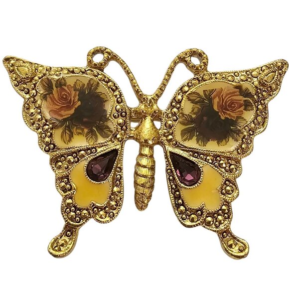 1928 Brand Purple Rhinestone Butterfly Rose Flower Pin, Victorian Theme - Picture 8 of 8